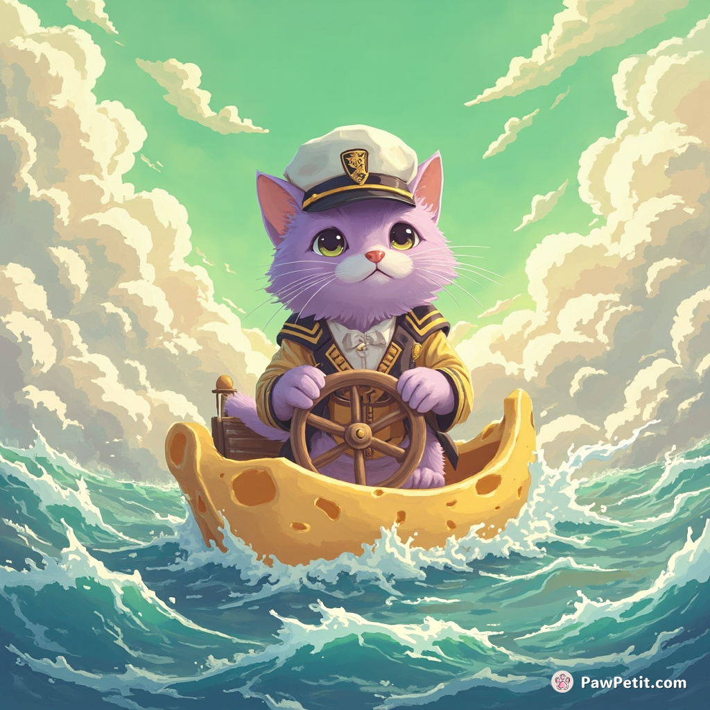 A purple-cat sea captain steering a cheese wheel through swirling meringue clouds in a chartreuse sky.