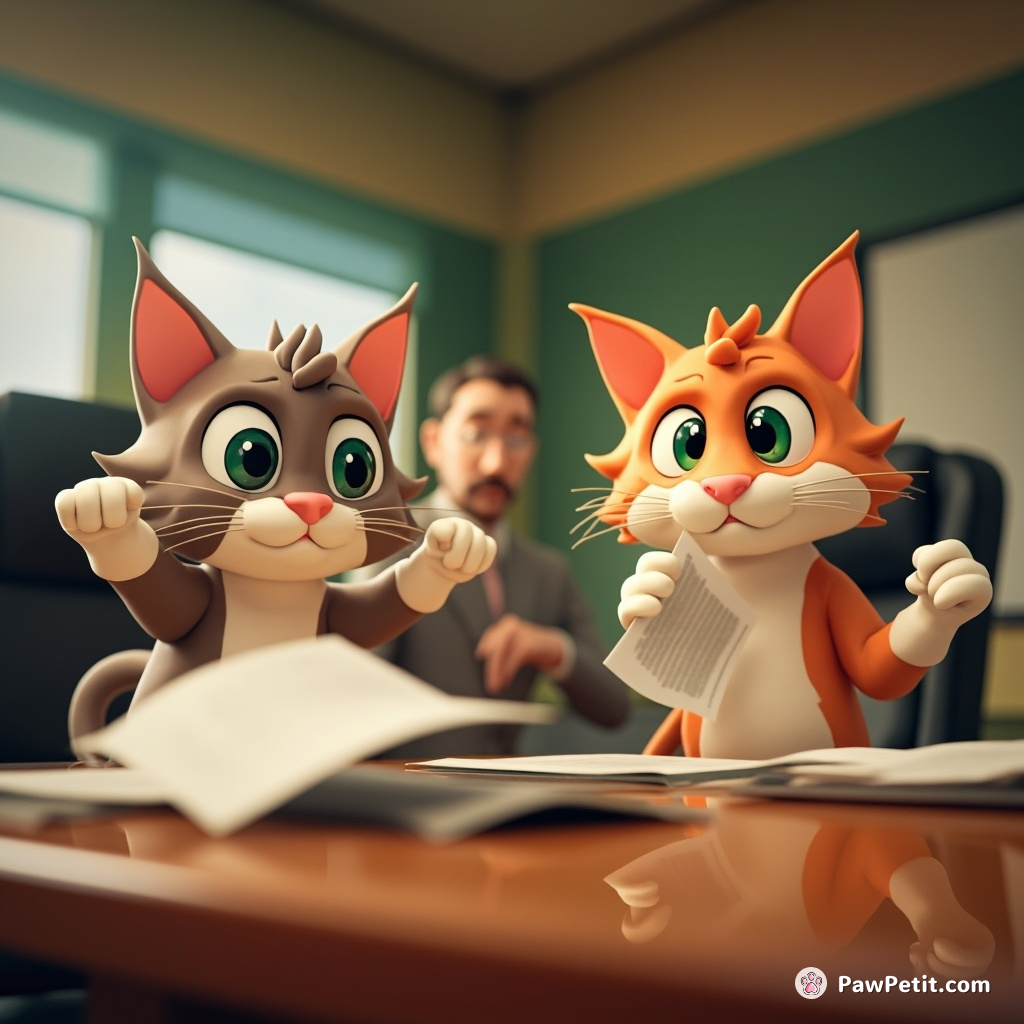 Sitting at boardroom tables, cats stealthily pass secret memos using claws extended, under puzzled human executives' noses.