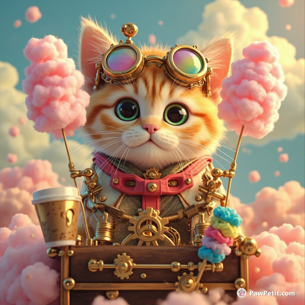 A steampunk cat making cotton candy clouds with a contraption powered by rainbow gears and espresso shots.