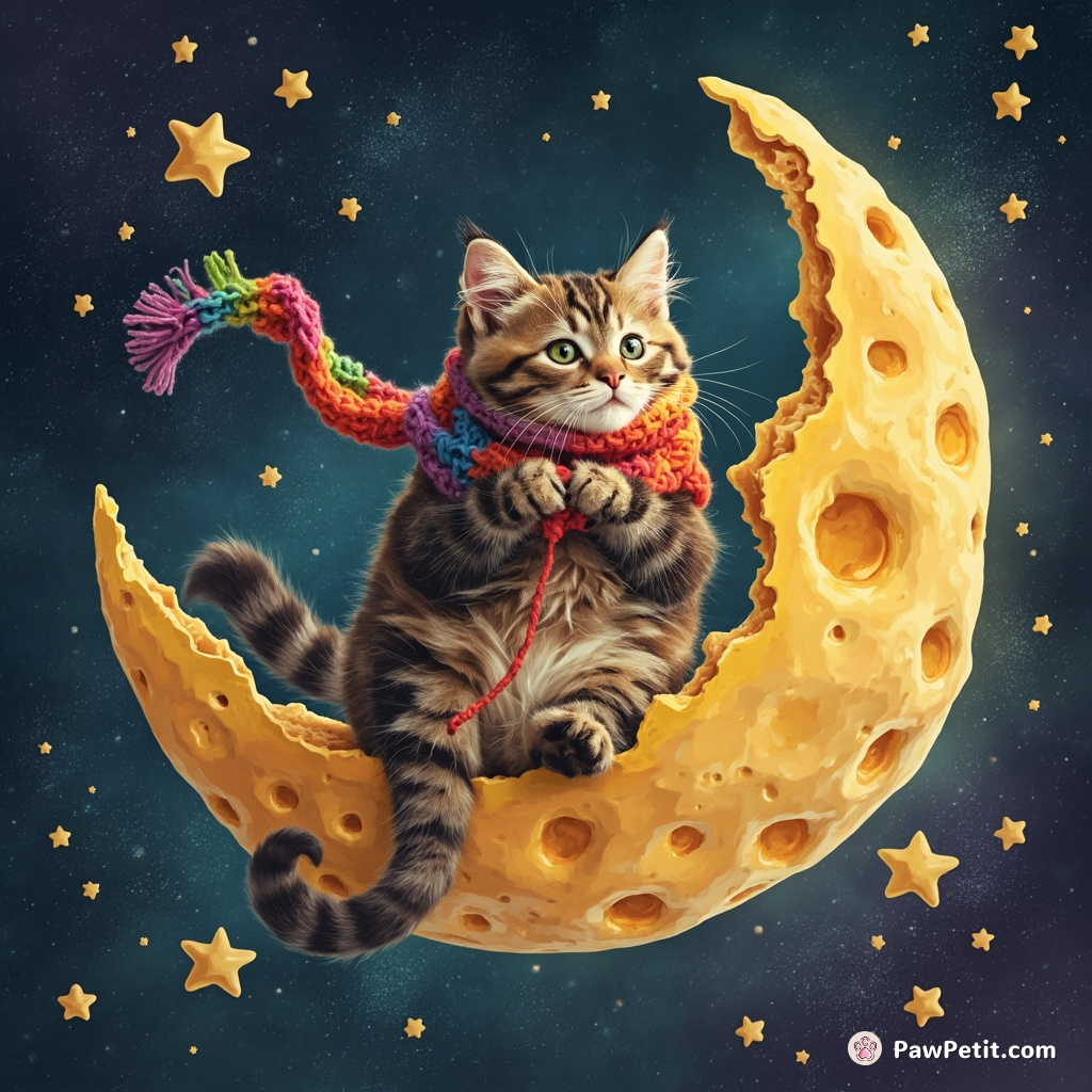 Cat knitting a rainbow scarf while floating on half-eaten moon-cheese in zero gravity.