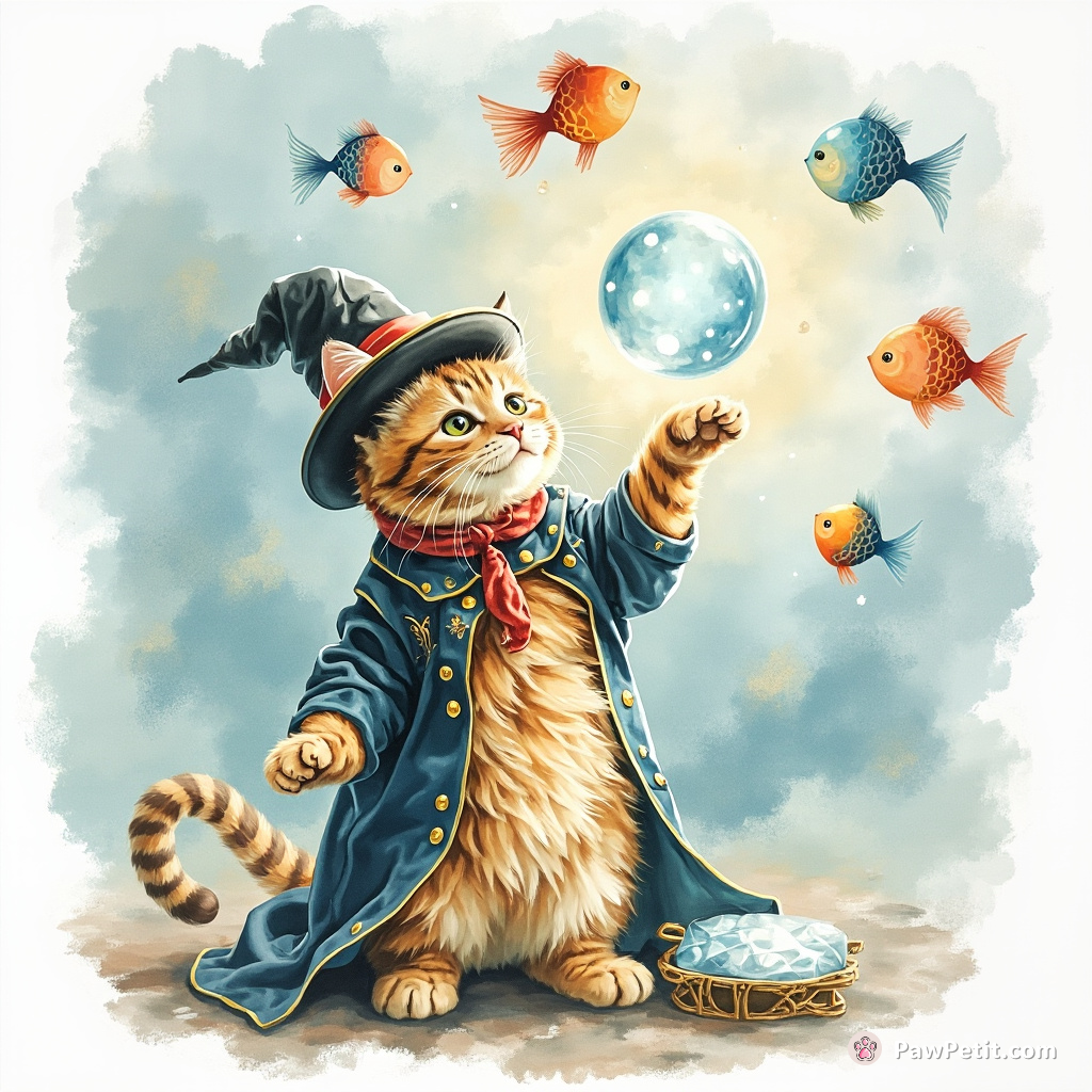 A magician cat levitating a crystal ball with its paw while juggling fish-shaped planets.