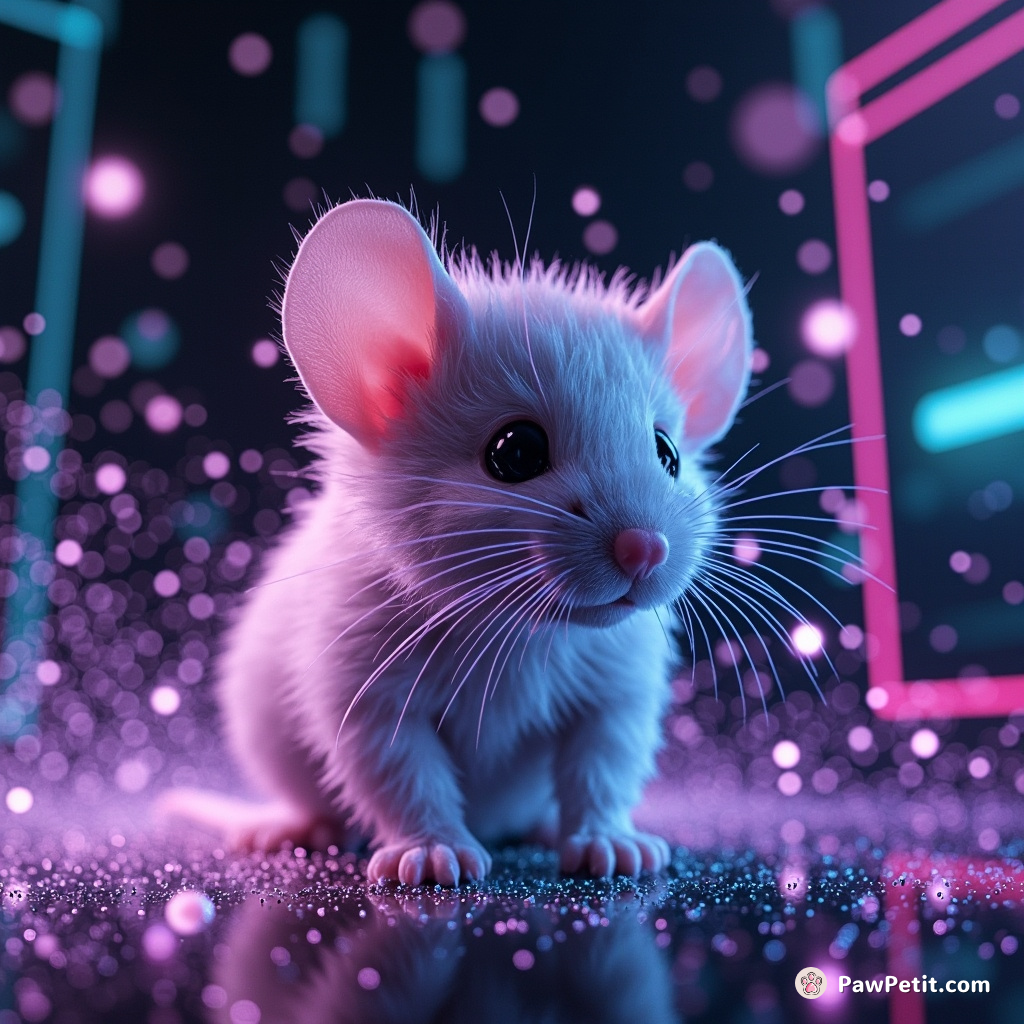 In a digital realm, Pixel-Paws manipulates binary code, morphing virtual mice into fabulous fountains of swirling stardust.