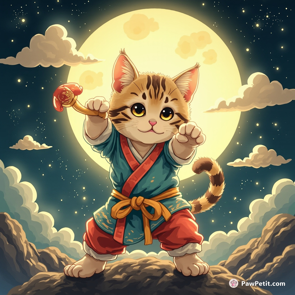 A radiant tabby cat practiced Kung Fu under a mushroom-spotted moon.