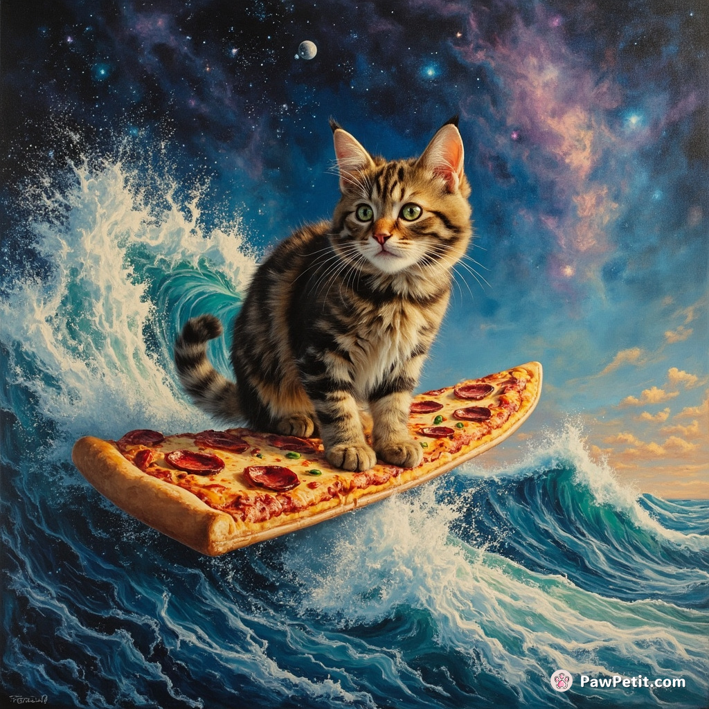 Cat elegantly surfing a cosmic wave on a slice of trippy time-warping pizza in galactic seascape.