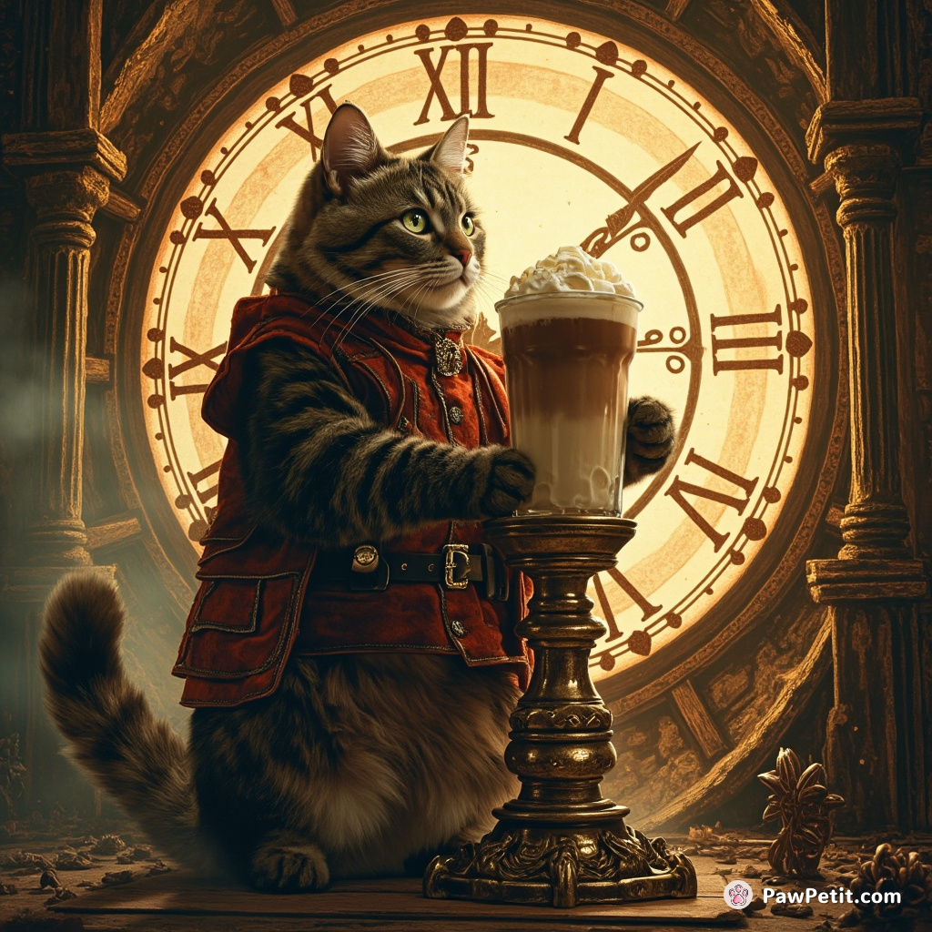 A steampunk cat churning a giant mocha latte within the interior of a colossal clock tower