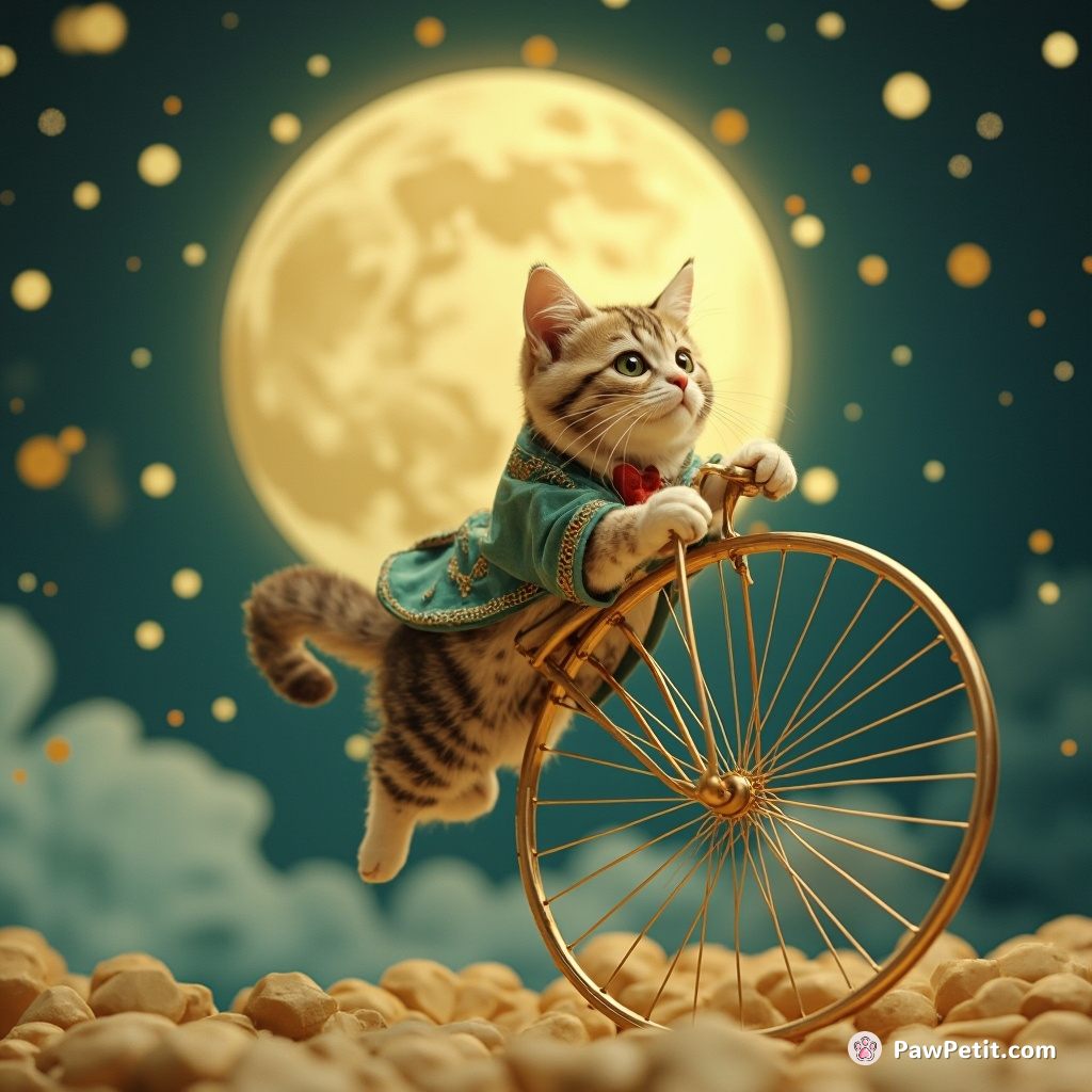 A Victorian-styled cat wheeling around a brie cheese moon on a penny farthing bicycle.