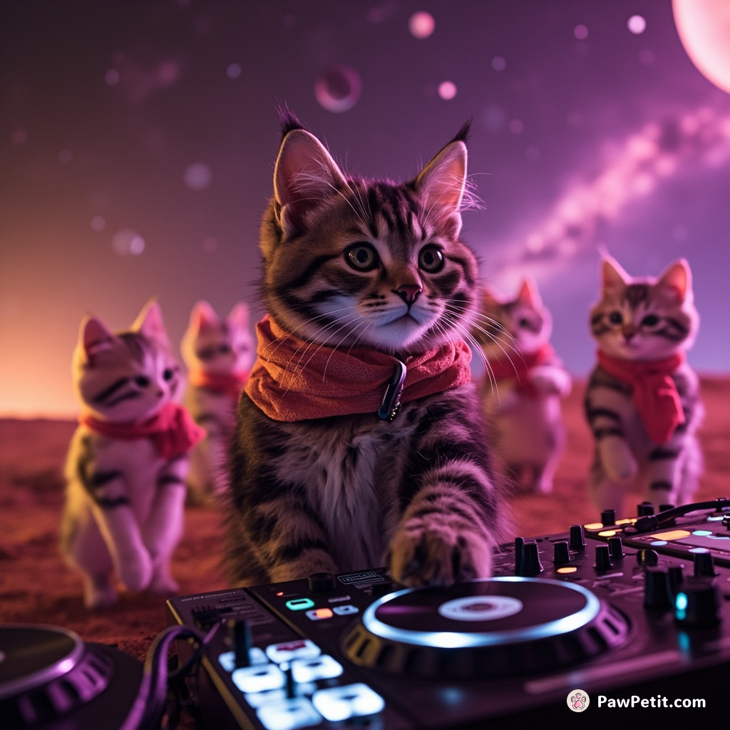 A cat DJing a celestial disco party on Mars, surrounded by dancing alien kittens wearing neon silk scarves.
