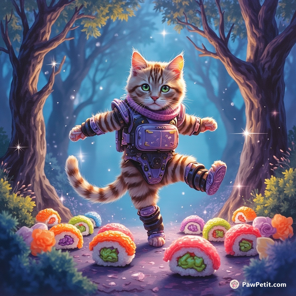 Cyborg cat doing a moonwalk on rainbow sushi rolls in a sparkling neon forest.