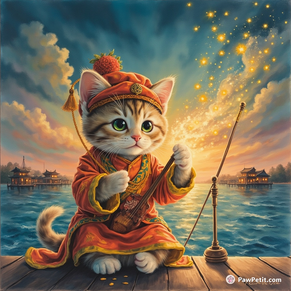 A neon chartreuse cat conducting a firefly orchestra on a pier at twilight.