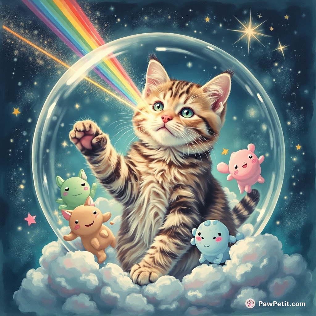 Cat levitating dream creatures with a glittering rainbow laser beam from its eyes inside a cosmic bubble.