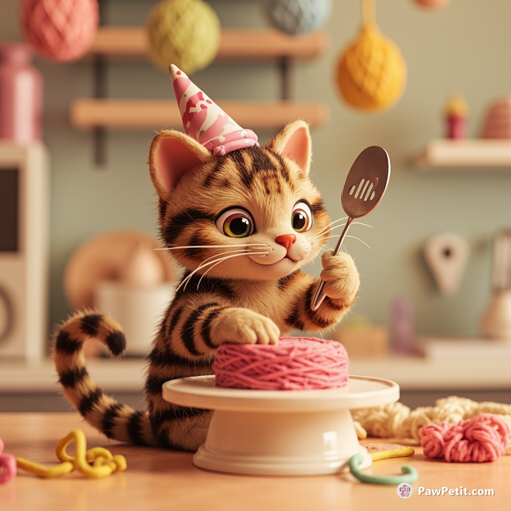 A tabby cat baking a birthday cake of yarn using tiny, sophisticated kitchen utensils in zero gravity.