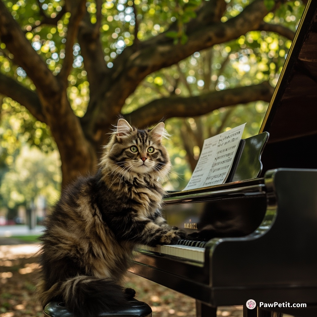 Cat taking a grand piano lesson under an elder avocado tree.