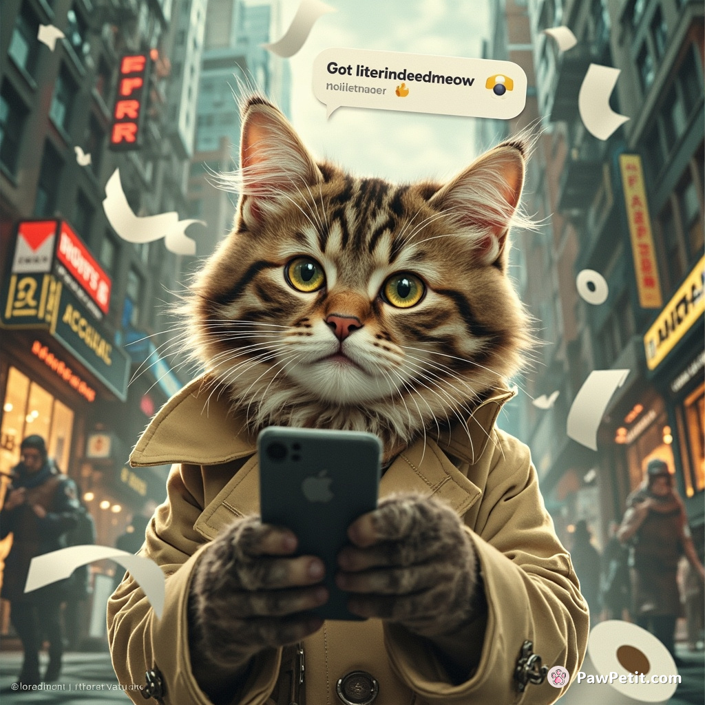 Cat, donning a trench coat, sends text - "Got literindeedmeow", causes citywide toilet-paper shortage due frustration at miniature phone keyboard.