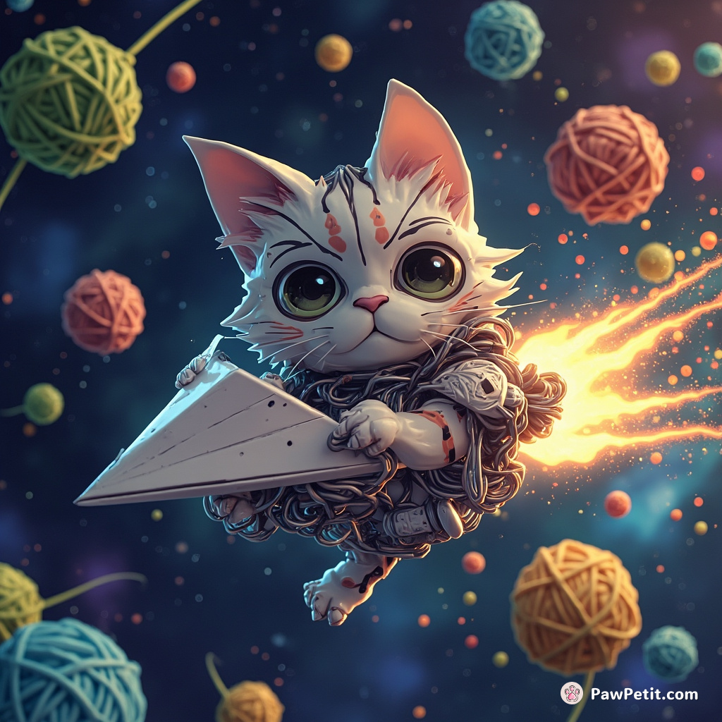 Cybernetic cat piloting an origami spaceship through a galaxy of luminous yarn balls.