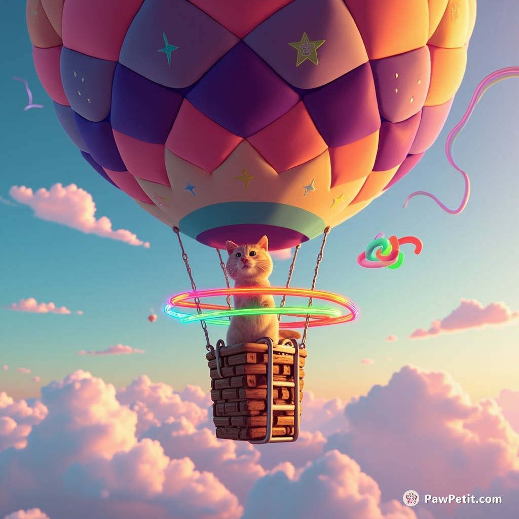 A cat hula-hooping with neon-rainbow swirl rings on the ladder of a floating hot air balloon with galaxy-printed patchwork.