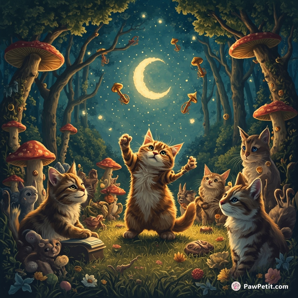 Cat conducting an orchestra of woodland creatures during a midnight mushroom forest disco party.