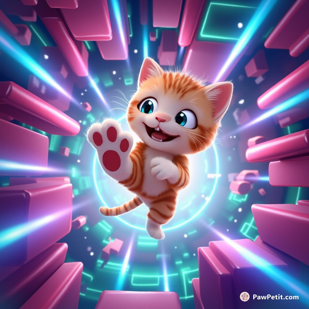 A curious cat leaps through a holographic maze, triggering a cosmic portal with a playful swipe of its paw.