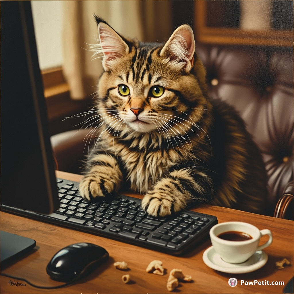 Whiskers hijacks a Zoom meeting, batting at the keyboard, typing "meow" repeatedly, and knocking over the CEO's coffee.