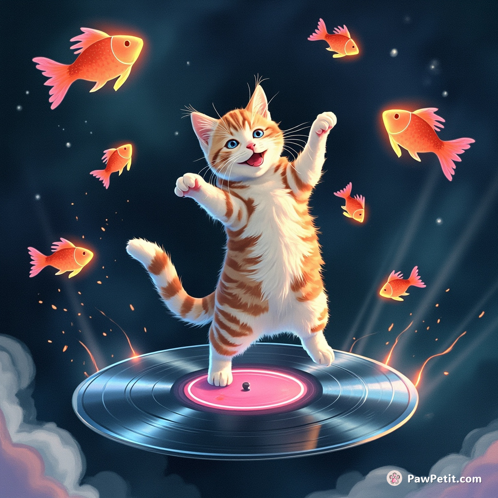 Cat dynamically breakdancing on a floating vinyl record in outer space, surrounded by neon glowing fish.