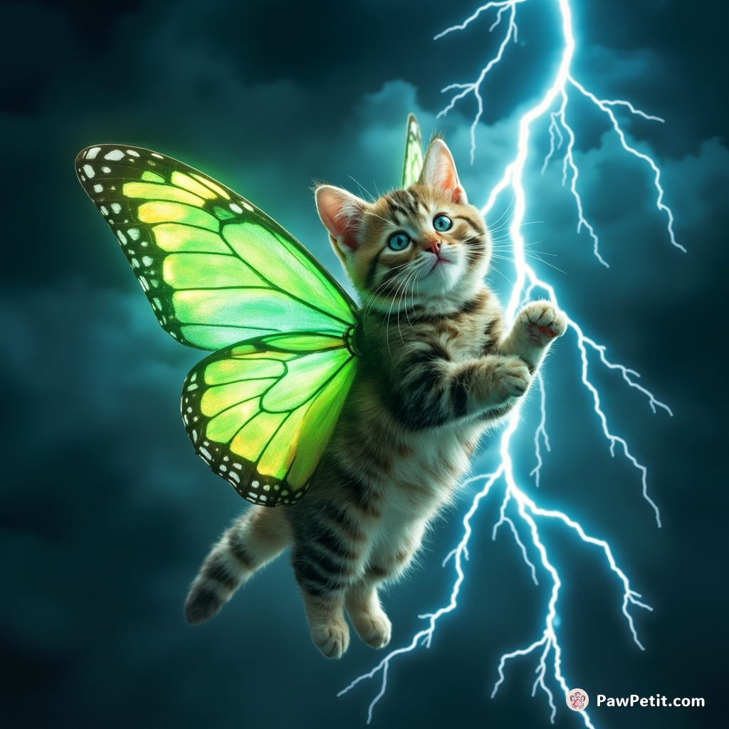 Cat fluttering through a thunderstorm on neon-green butterfly wings, sipping electricity from edible lightning bolts.