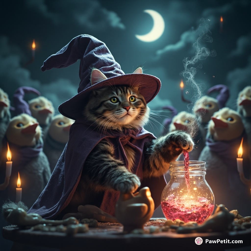 Cat wizard preparing a sparkling potion under a crescent moon with duck-billed platypi choir singing in background.