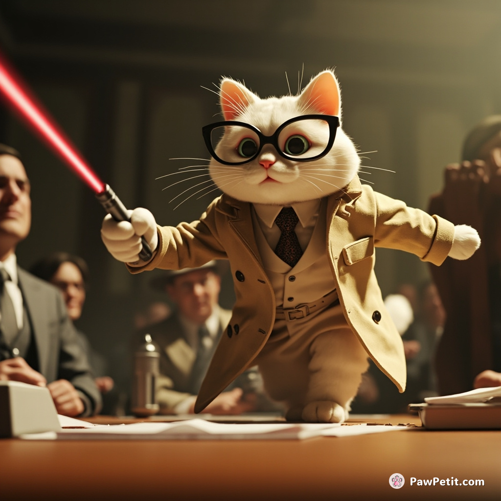 Cat in trench coat gets CEO post, furiously chases laser pointer mid-meeting, boardroom devolves into turmoil.
