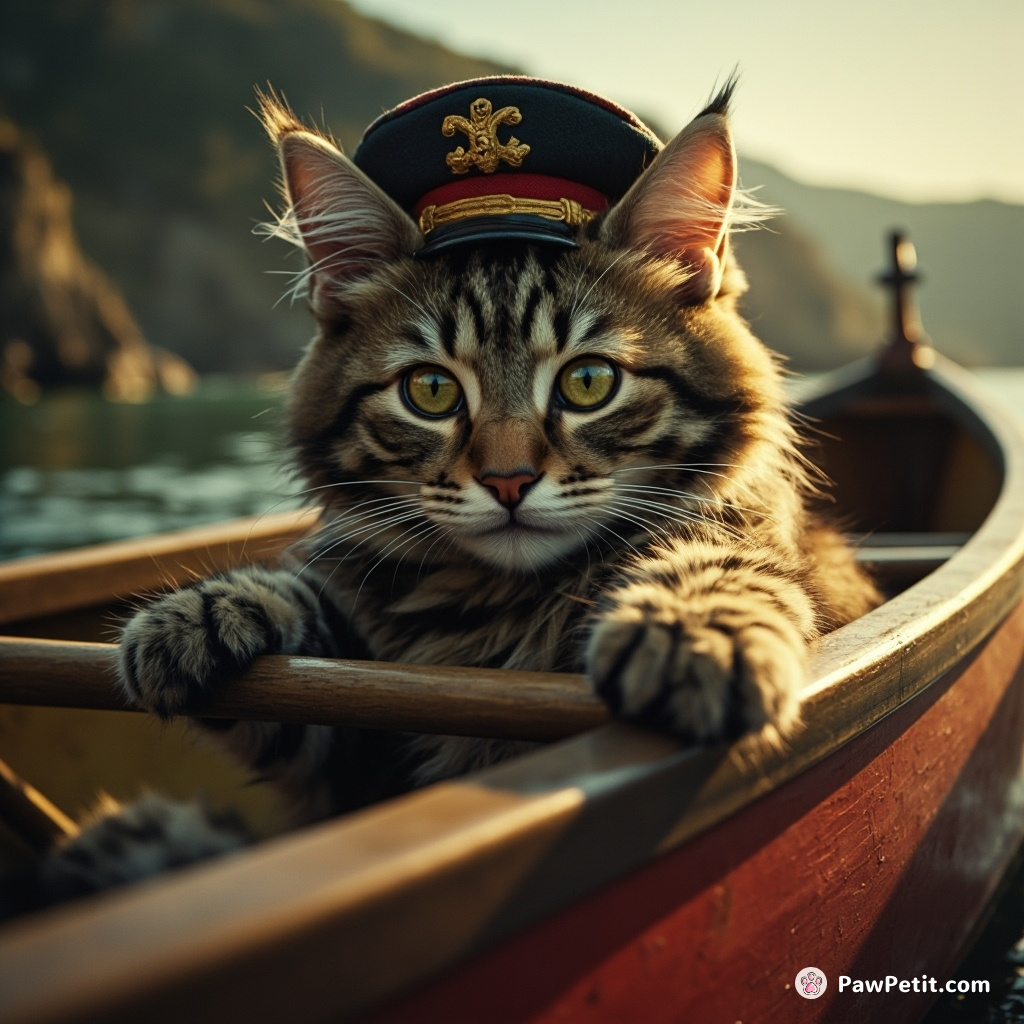 A cat commandeers a canoe, paddling with its paws, barking orders like a seasoned sea captain.