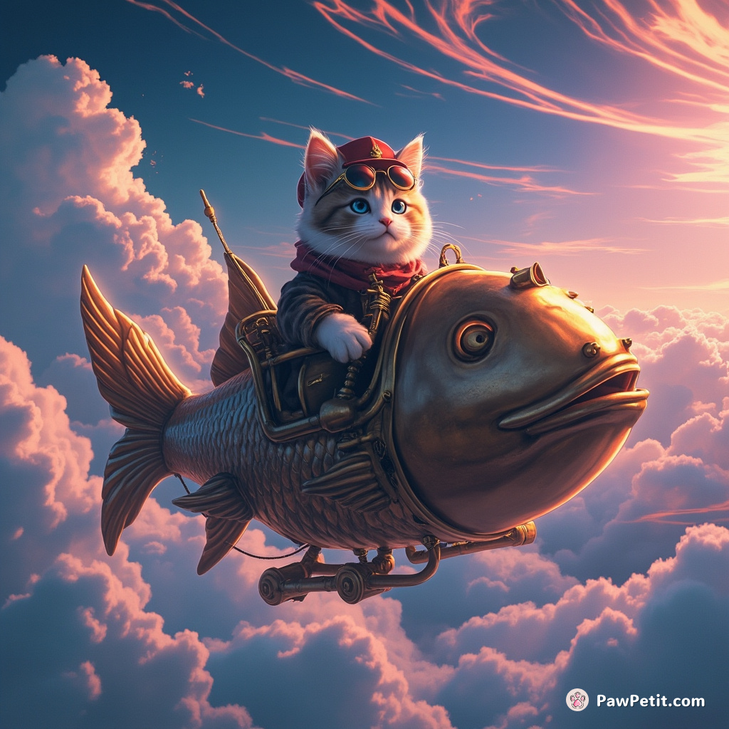 Steampunk cat flying a brass fish-shaped airship through neon clouds of an alternate reality.