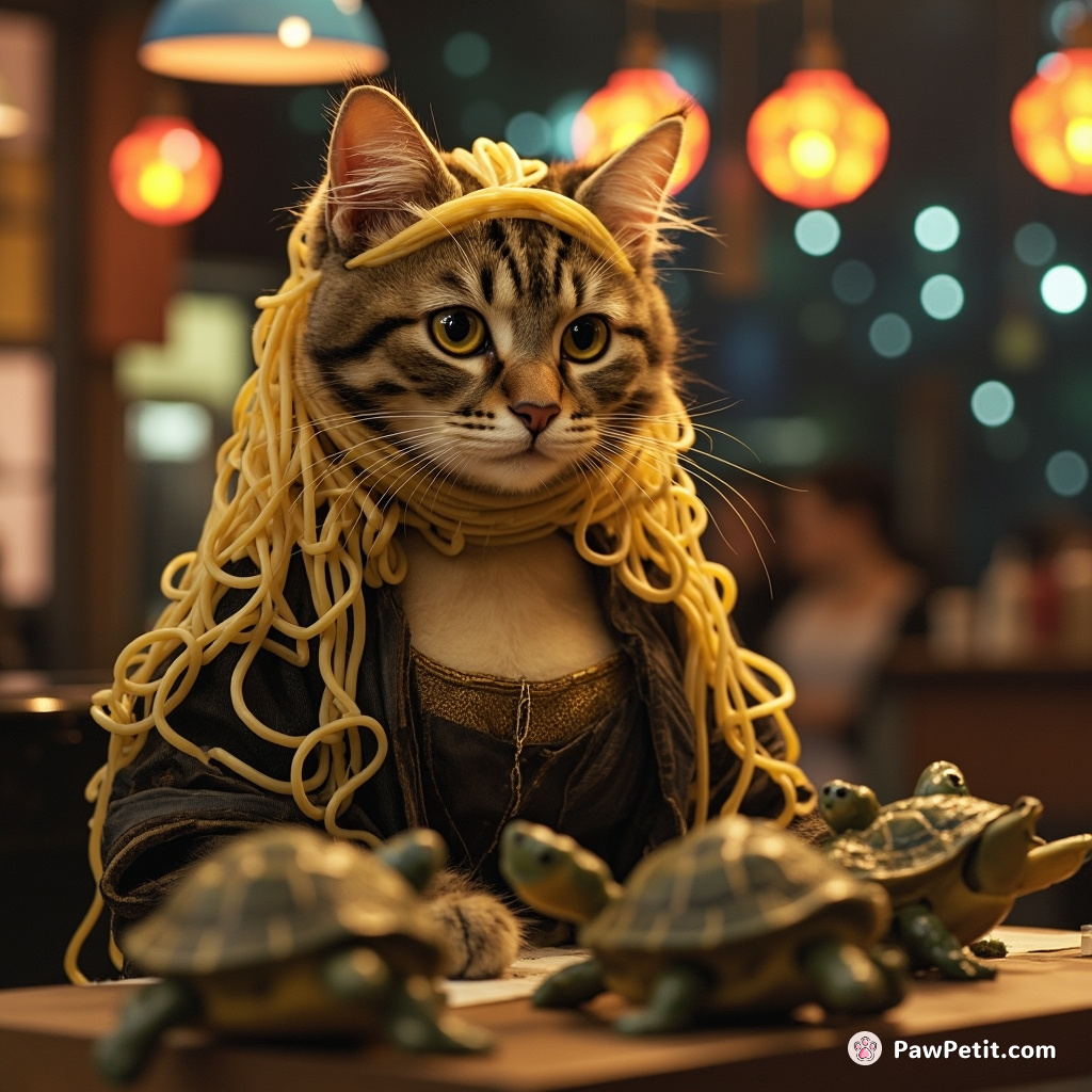 Cat imitating Mona Lisa painting with spaghetti hair while sea turtles take her order at a space-themed sushi bar.