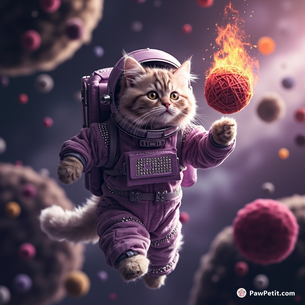 A lavender Persian cat in a rhinestone-studded spacesuit, navigating an asteroid field in zero gravity while juggling flaming yarn balls.