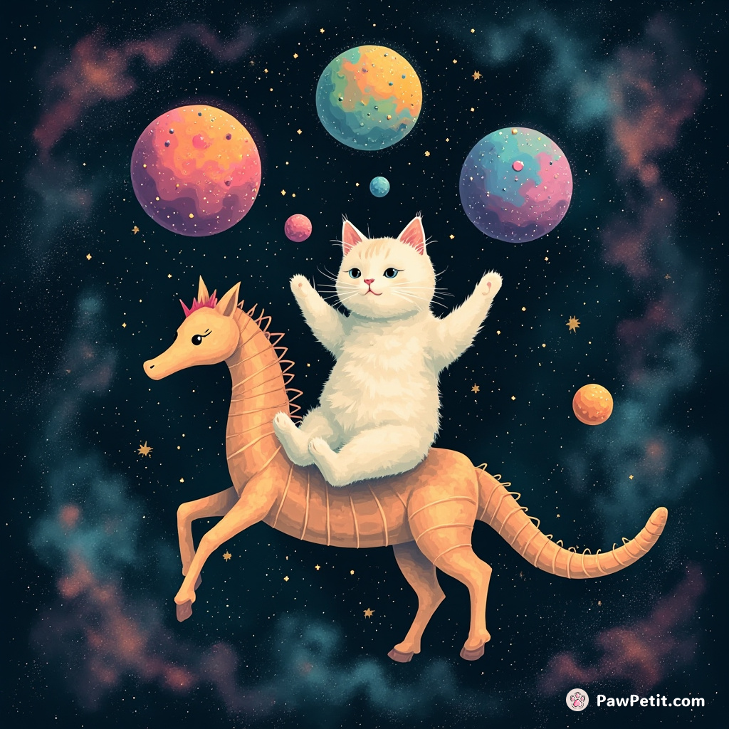 A cat juggling three rainbow-colored galaxies while riding a colossal seahorse through an intergalactic jellyfish nebula.