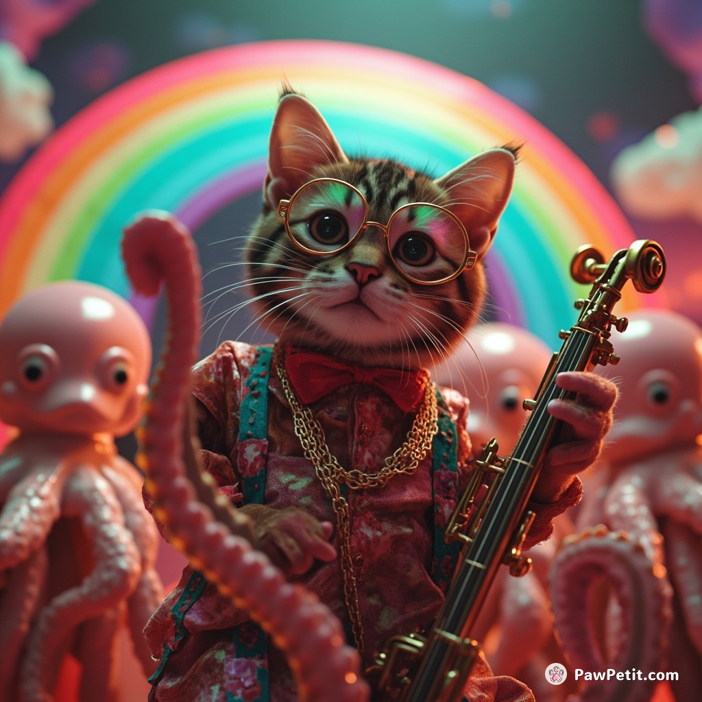 Cat conducting an orchestra of octopi under a rainbow in neon-tinted jazz age attire.