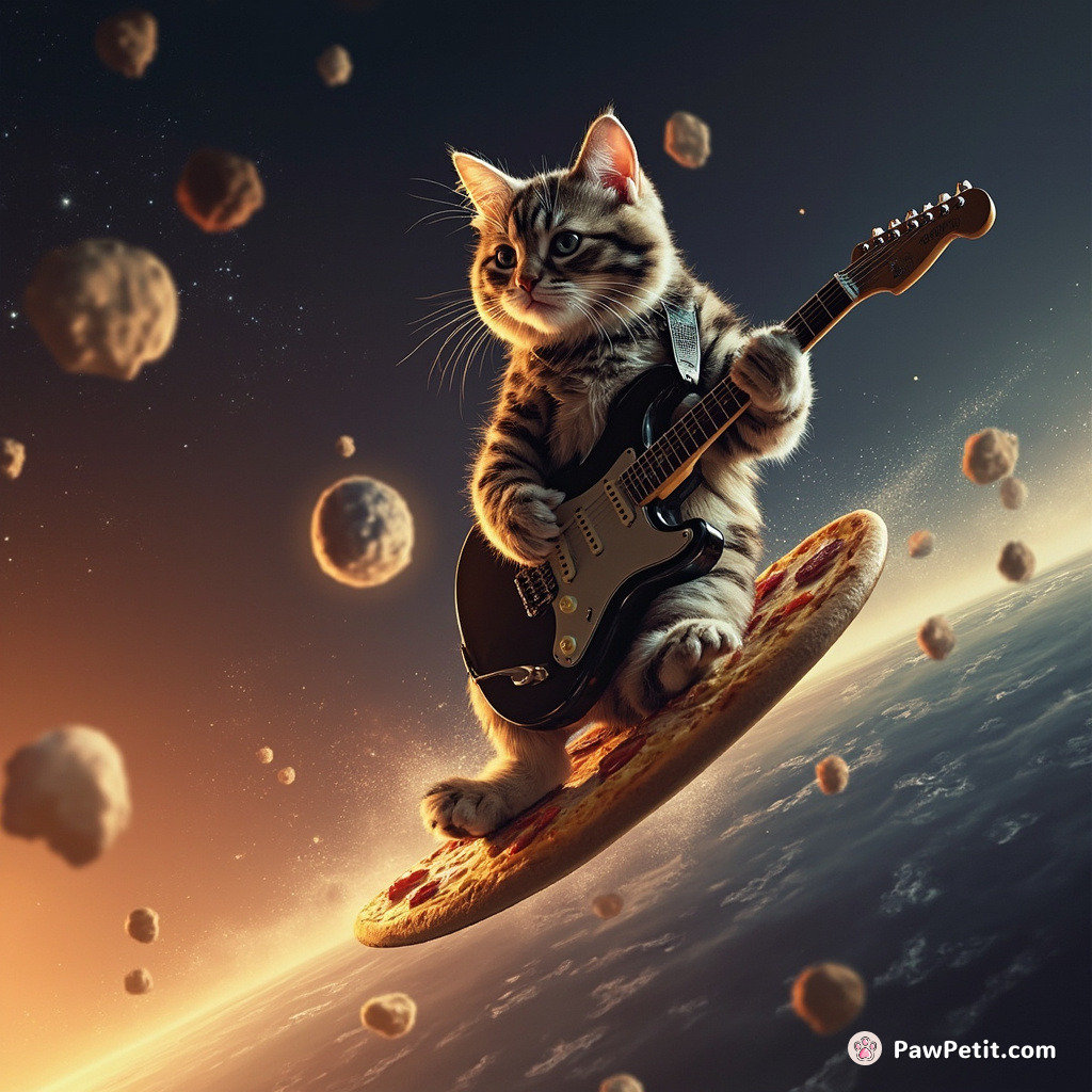 Cat playing an electric guitar while surfing a pizza in space with meteors as onlooking audience.