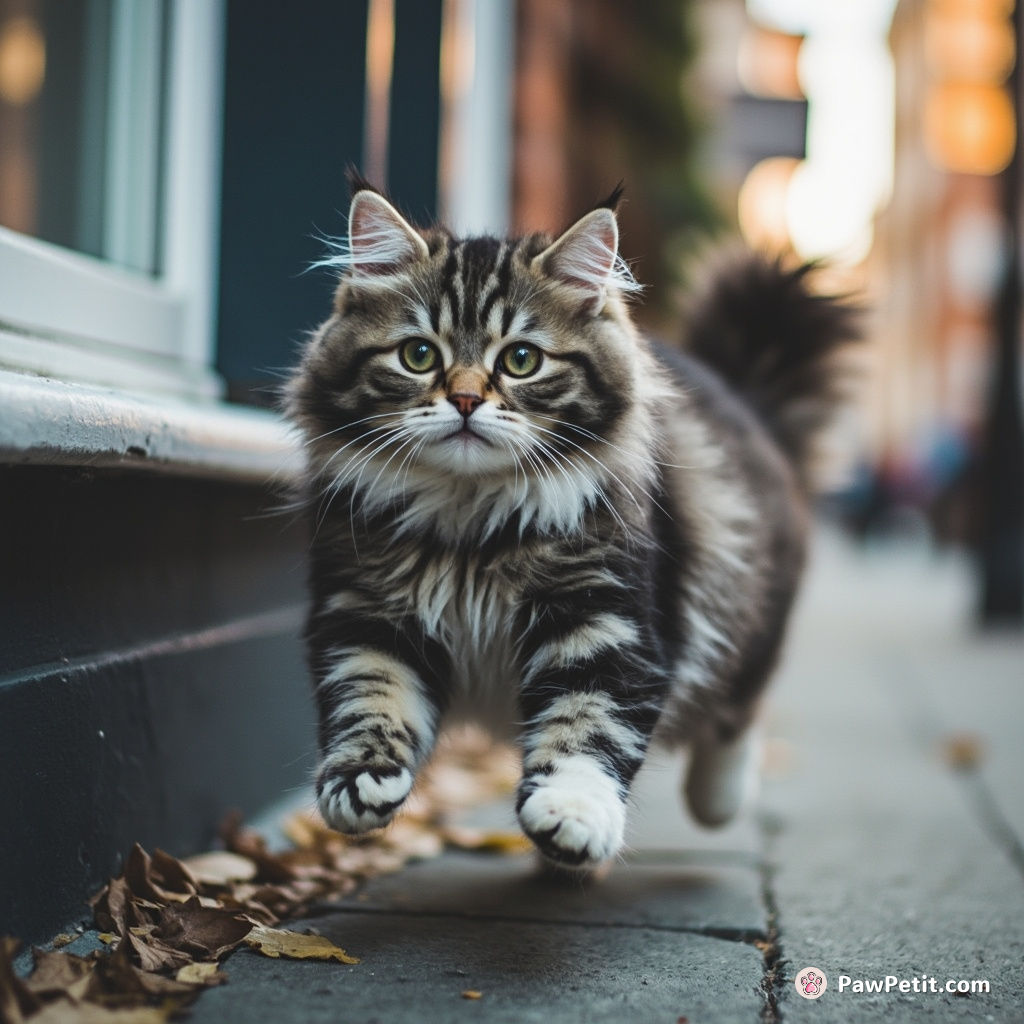 Cat leaps from windowsill, lands awkwardly, then triumphantly struts like a human on the sidewalk.