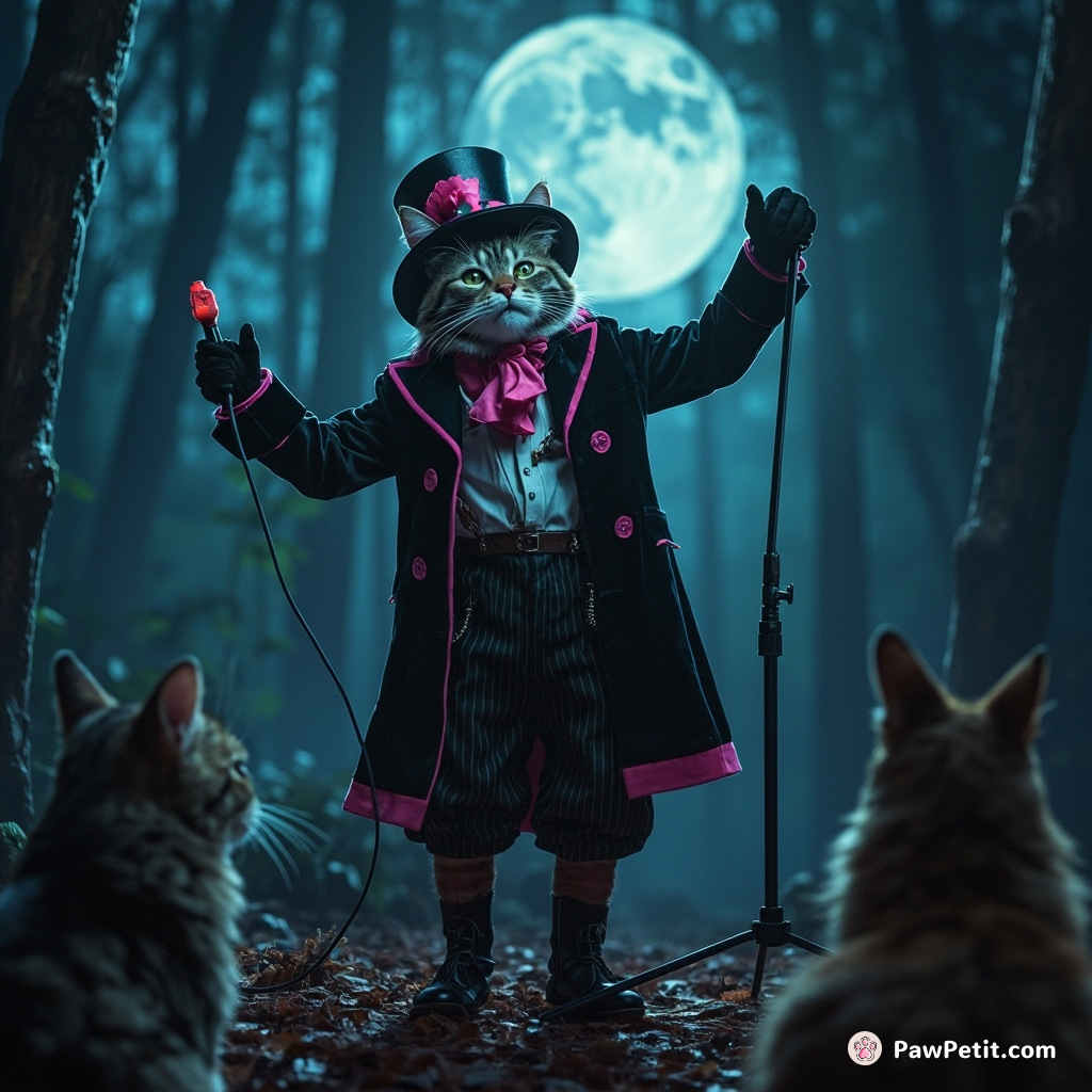 Cat in Victorian dress doing a stand-up comedy routine for forest animals by moonlight.