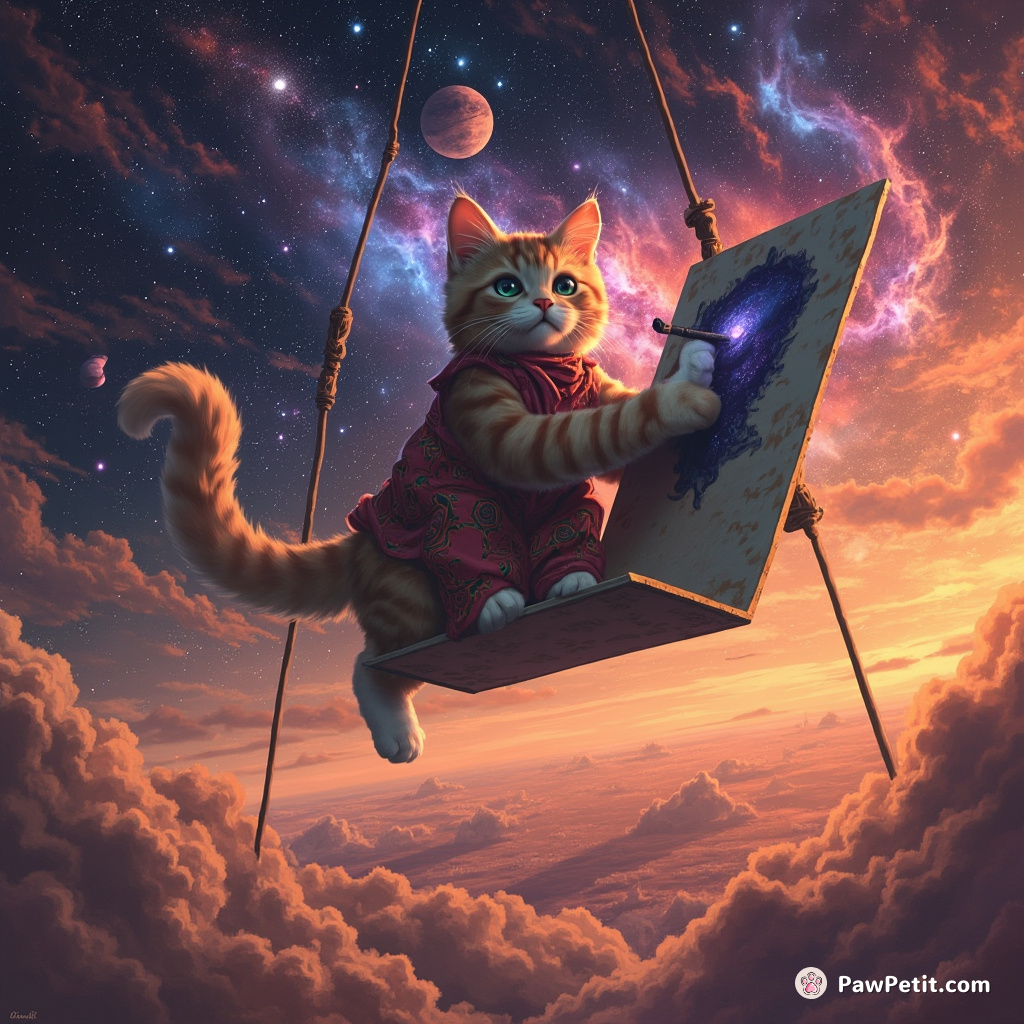 A cat painting a surreal landscape on Mars, using nebulae as paint while riding a flying trapeze.