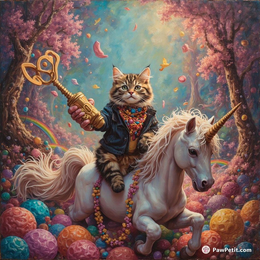 Cat delivering a mushy action-movie speech atop a rainbow unicorn in an alien candy forest.