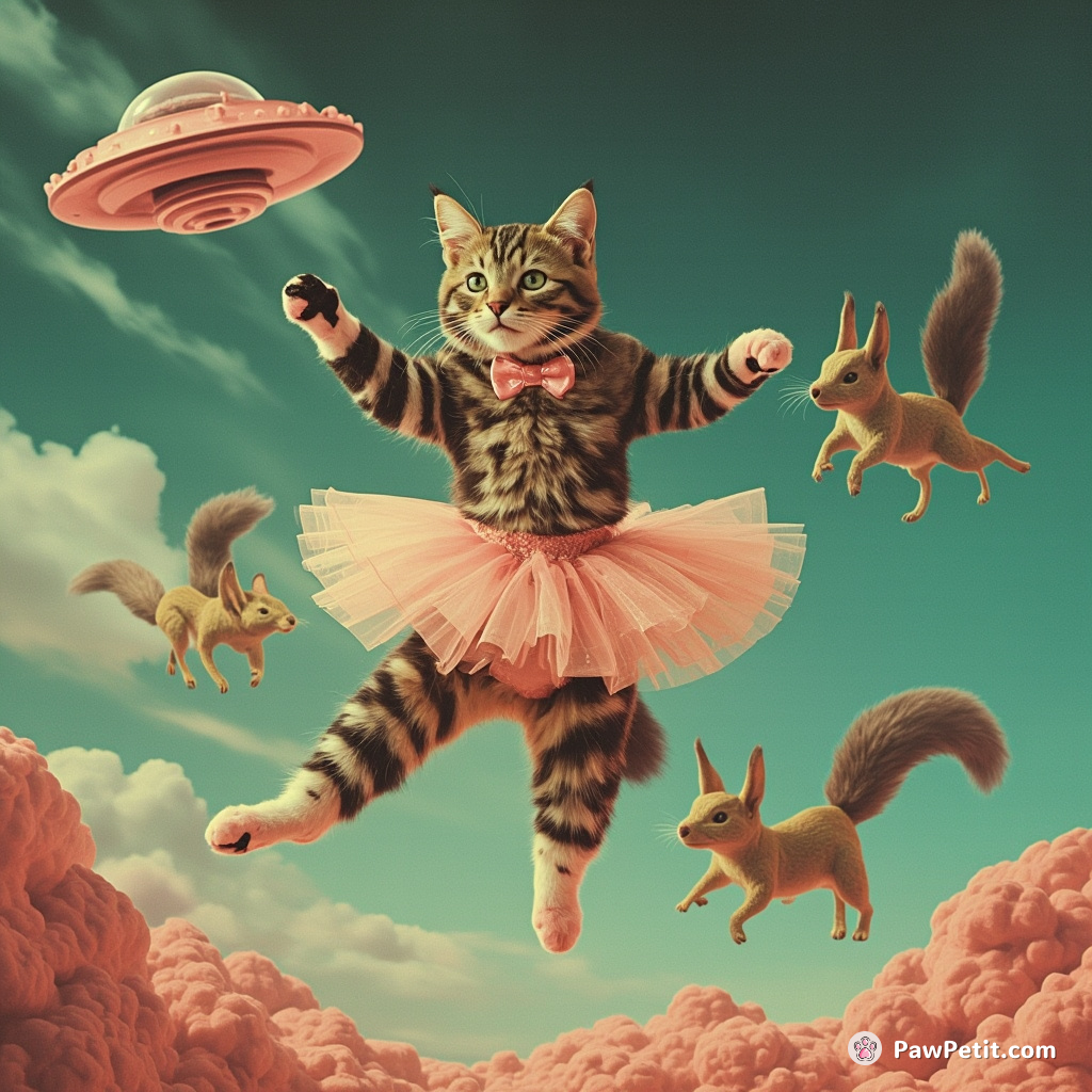 A tabby cat performing ballet atop a flying UFO, chased by adorable alien squirrels.