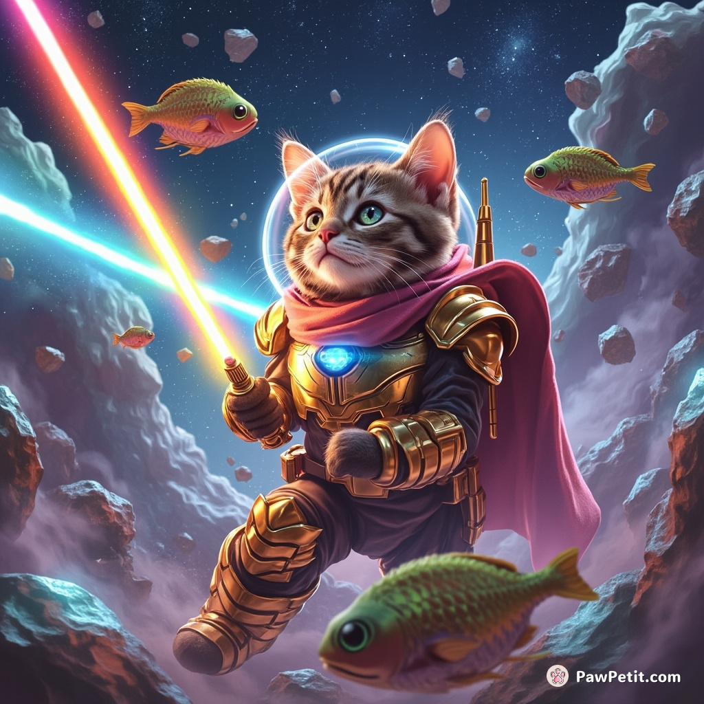 A heroic cat wearing shining space armor, wielding a rainbow-colored lightsaber, engaged in an epic intergalactic fight against hovering alien fishes among crystalline asteroids.