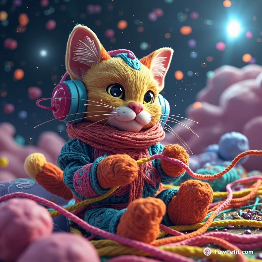 Cyborg cat knitting binary codes with rainbow yarn in zero gravity.