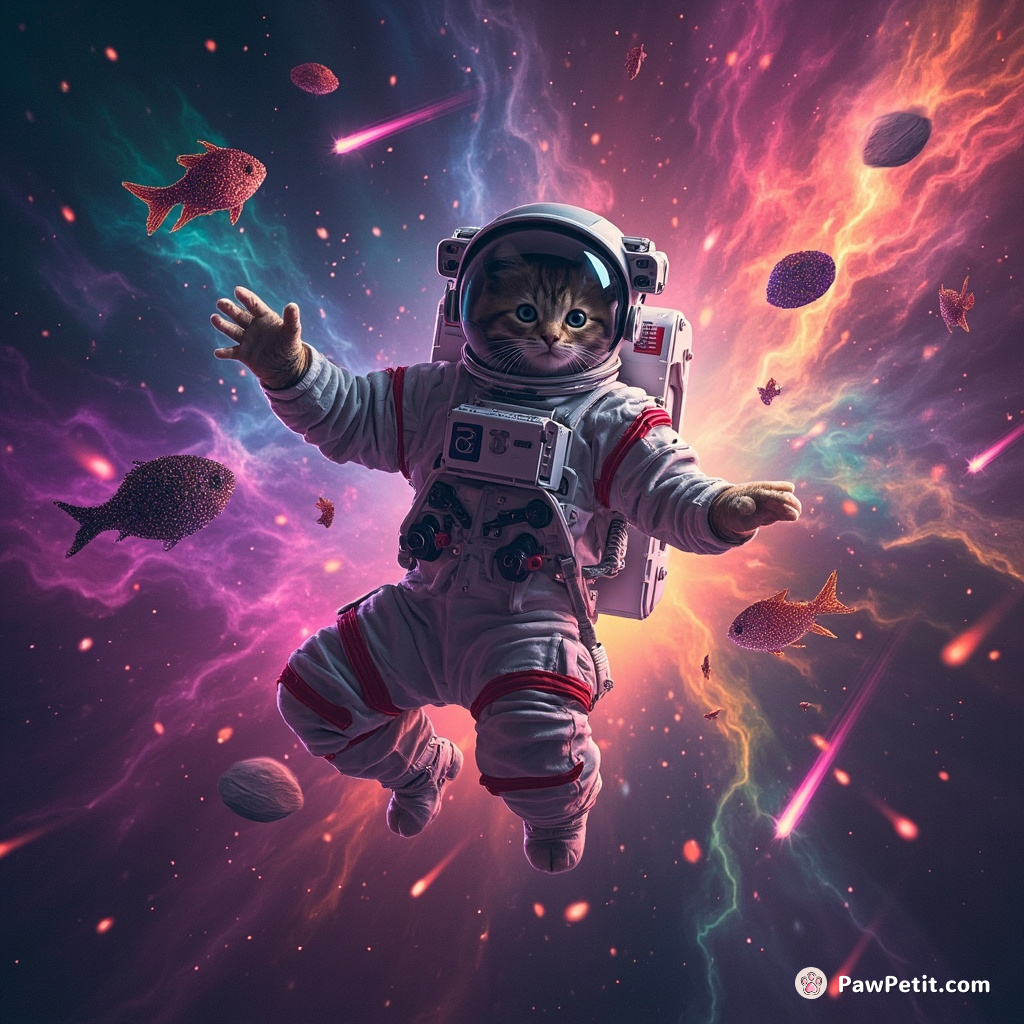 An astronaut cat defying gravity within a rainbow-colored nebula, juggling stardust fish with comets zooming past.