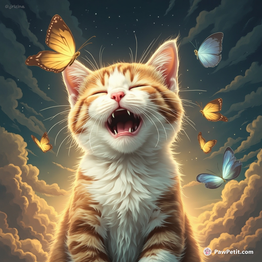 A cat, by sneezing, triggers a butterfly effect that averts global disaster, hailed as humanity's savior.