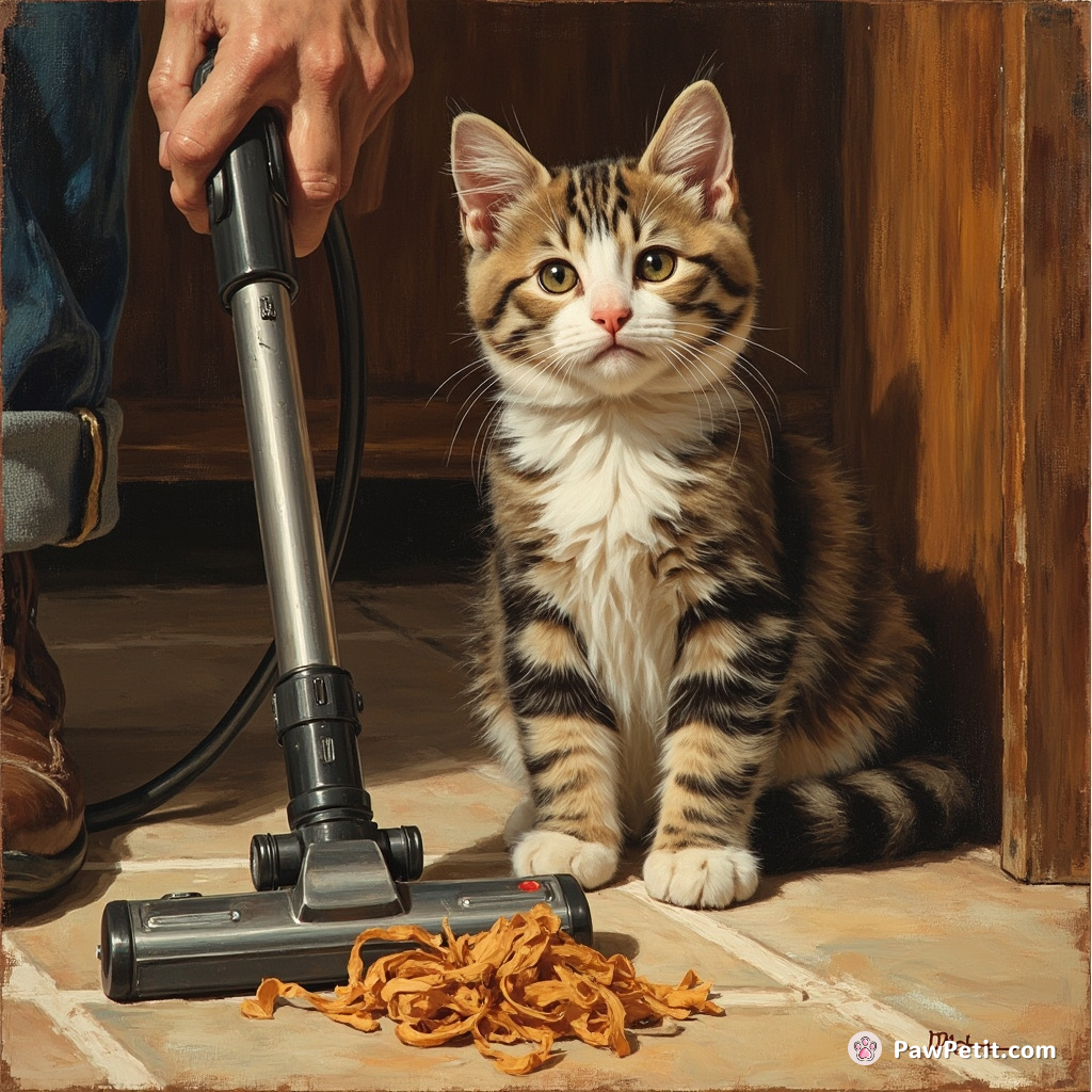 A cat intently watches a human vacuuming, convinced it's a ritual to summon food.
