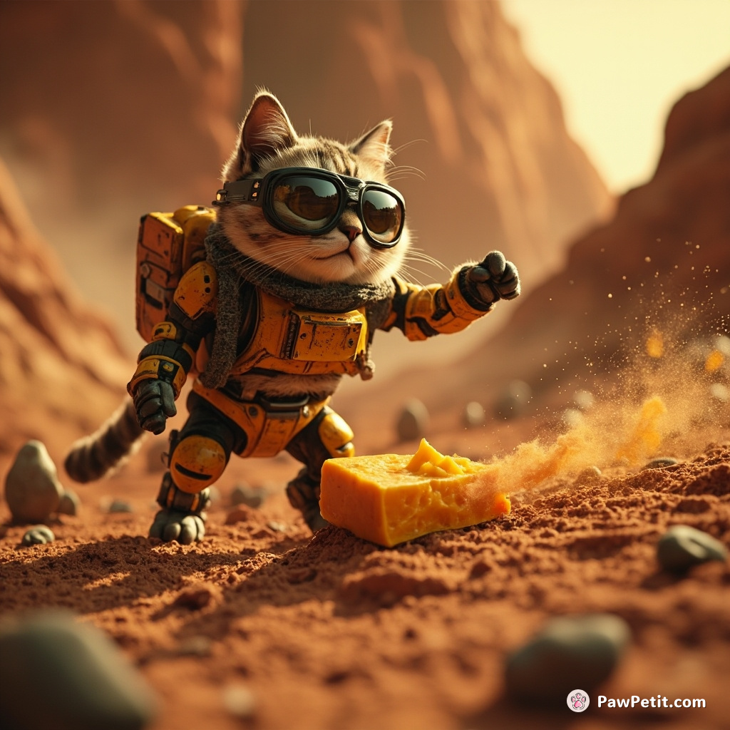 A robotic spy cat diffusing a cheese bomb in a Martian crater during an intergalactic food war.