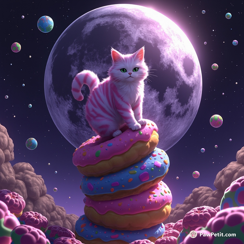 A Cheshire cat teetering atop a stack of alien jelly donuts, illuminated under the paradoxical rays of a moon-sized disco ball.