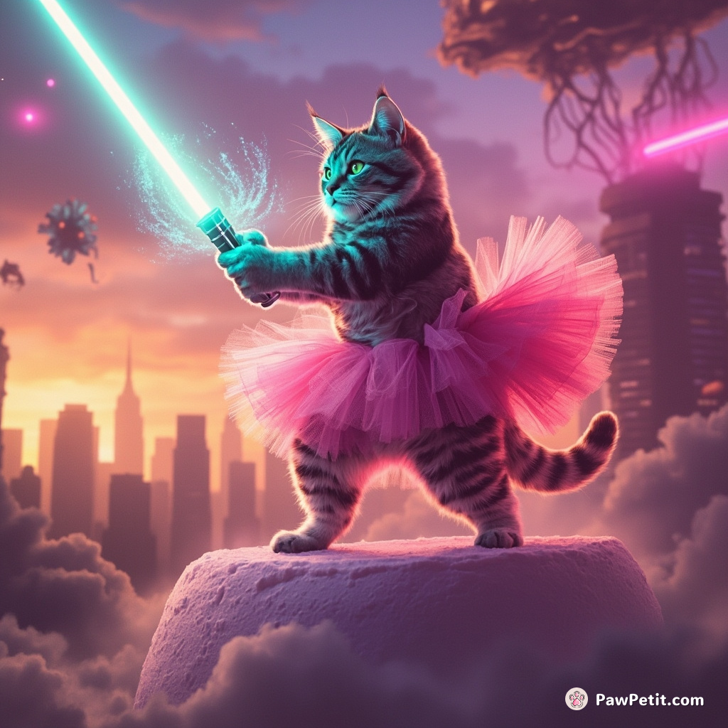 Cat defeats alien invaders using a radioactive lightsaber, standing on top of a giant marshmallow in a pink tutu, with the city skyline at sunset as the backdrop.