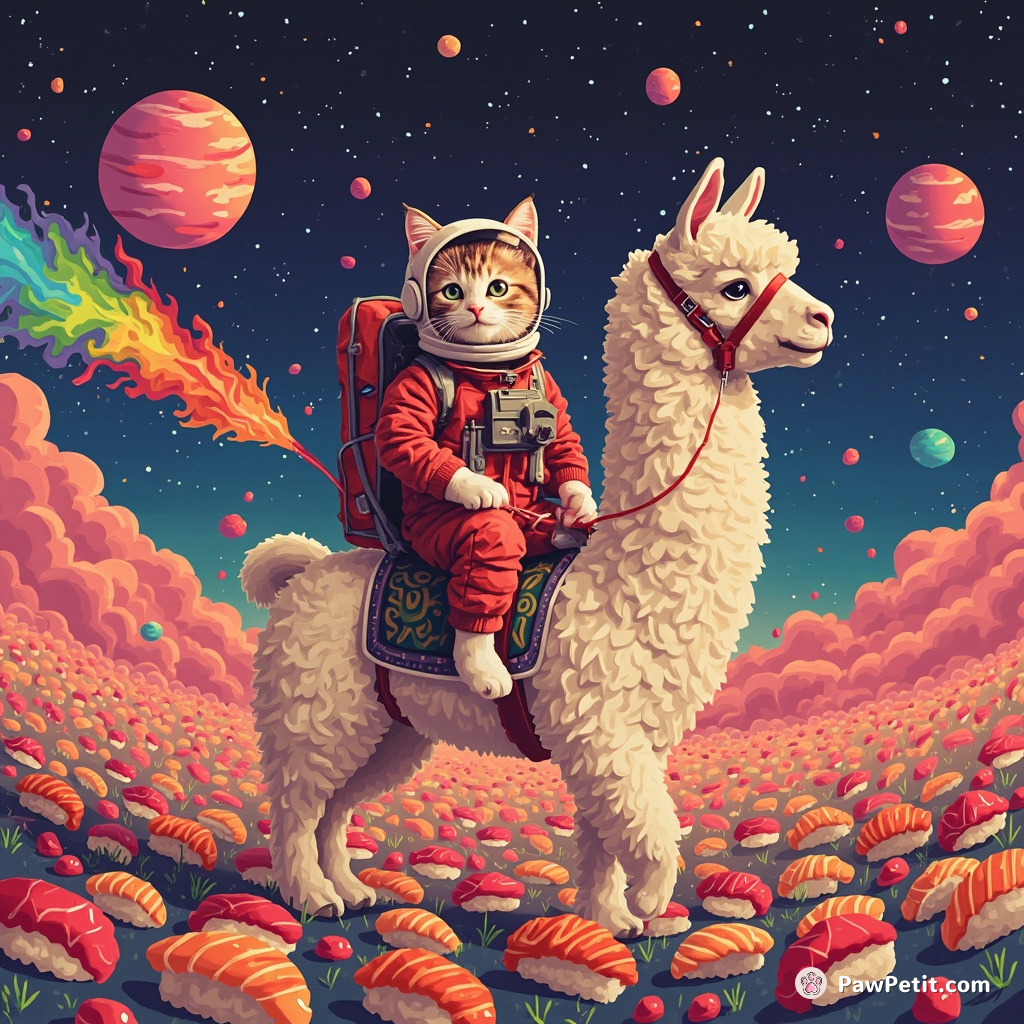 A cat in a vintage astronaut suit, riding a rainbow-puking llama through an intergalactic sushi field.