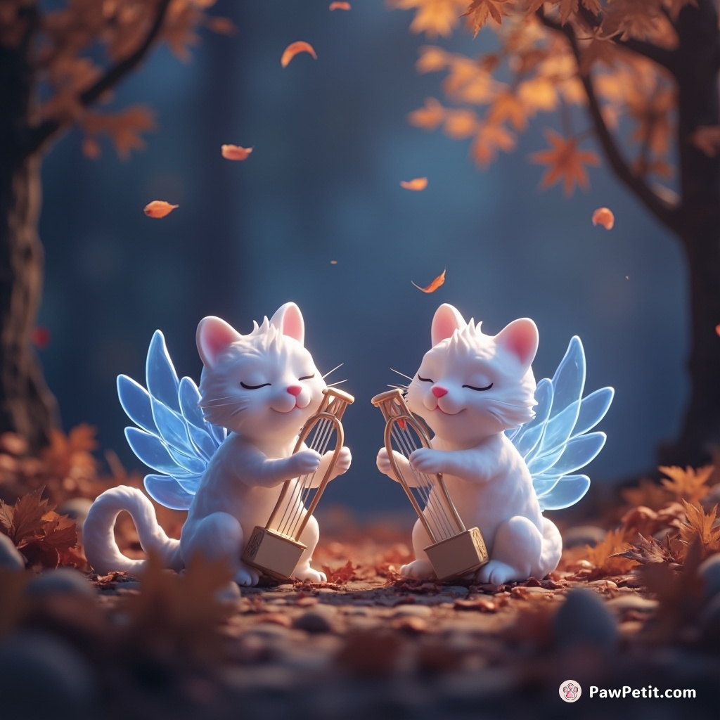 Cats, with ghostly translucent bodies, playing ethereal celestial harps amongst the brisk autumn leaves in a twilight forest.