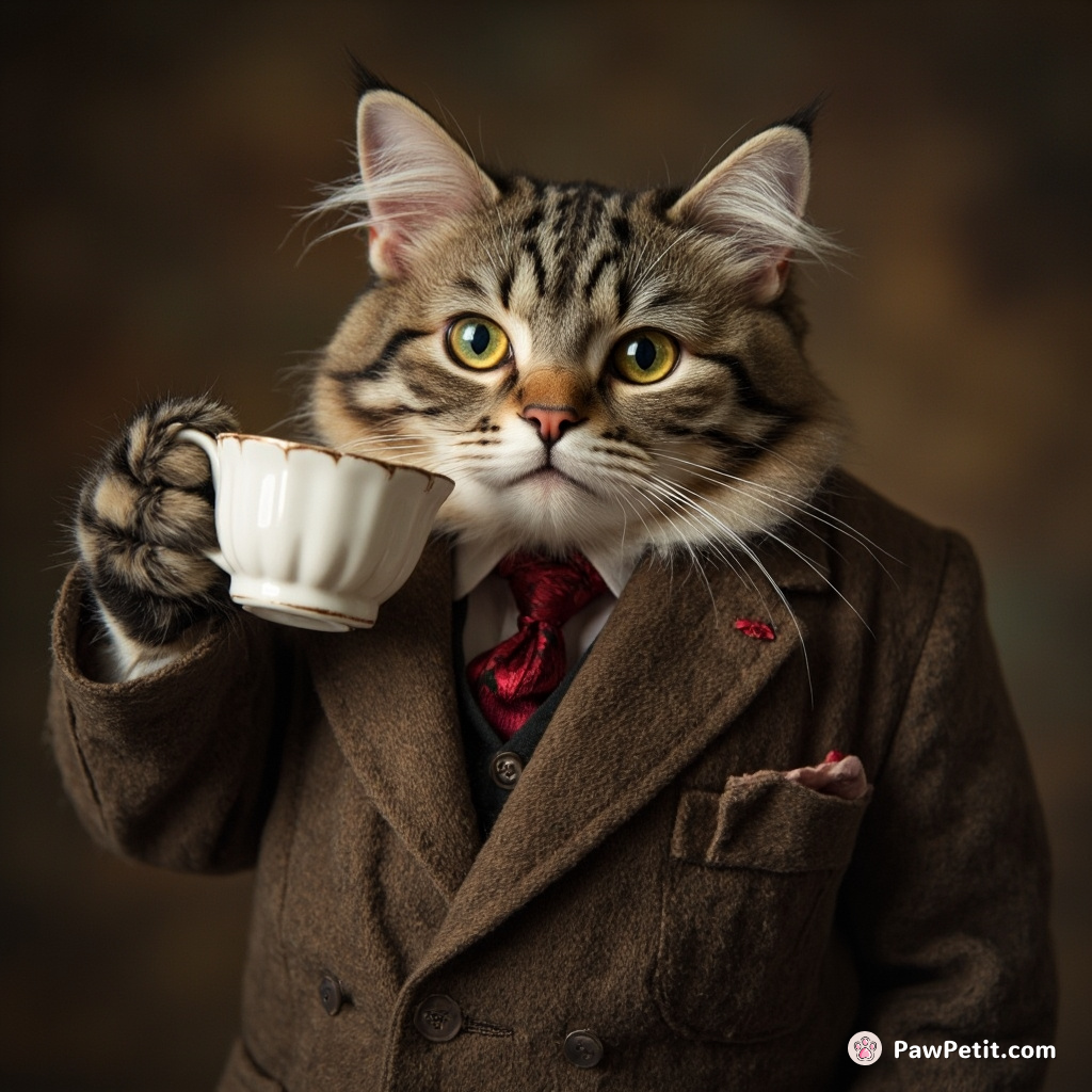 The cat, in a three-piece suit, sips tea with a paw, exuding mock sophistication.