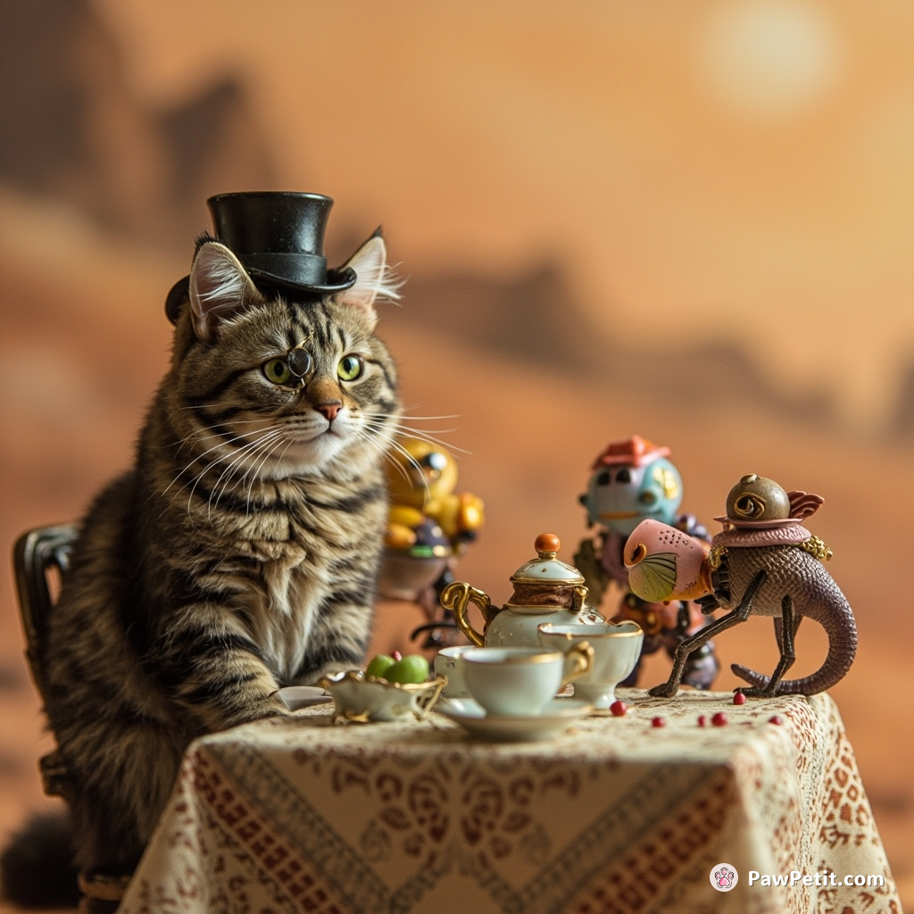 Edwardian era cat having a tea party on Mars with robotfish guests.